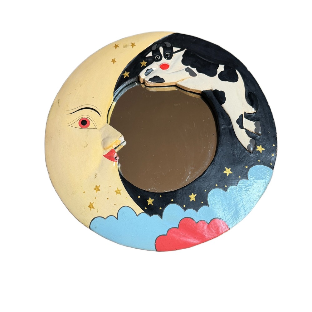 Vintage Hand Painted Wood Cow Jumped Over The Moon Wall Mirror 10 Inch Round